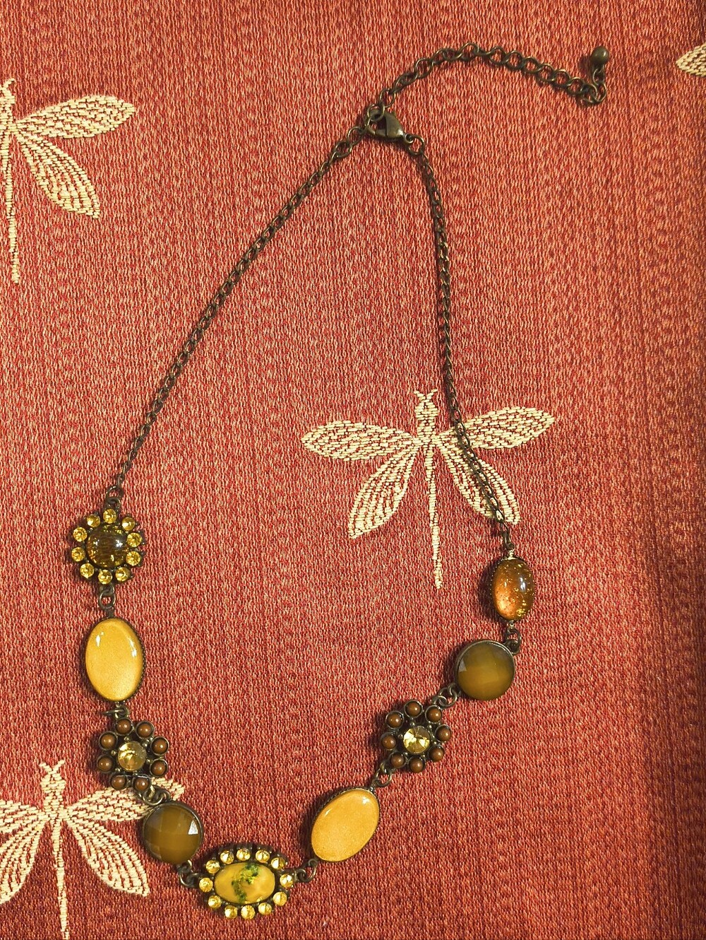 Autumn Amber Sunflower Cabochon Station Necklace Antiqued Brass Earthy Boho